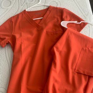 Women's Mandala Scrub Set, Orange, Top: S, Pants: M (jogger style) - sold as set